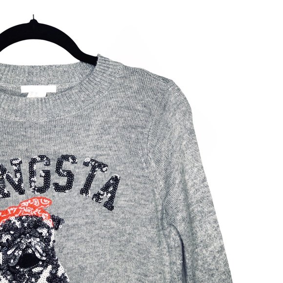 H&M Gangsta Wrapper Sweater Gray Sequin Embellished Long Sleeve Pug Knit Top XS - Picture 6 of 7